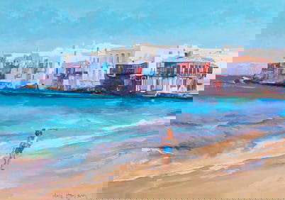 Don Hazen O/C Mediterranean Beach Scene, Playa de Mykonos, Greece