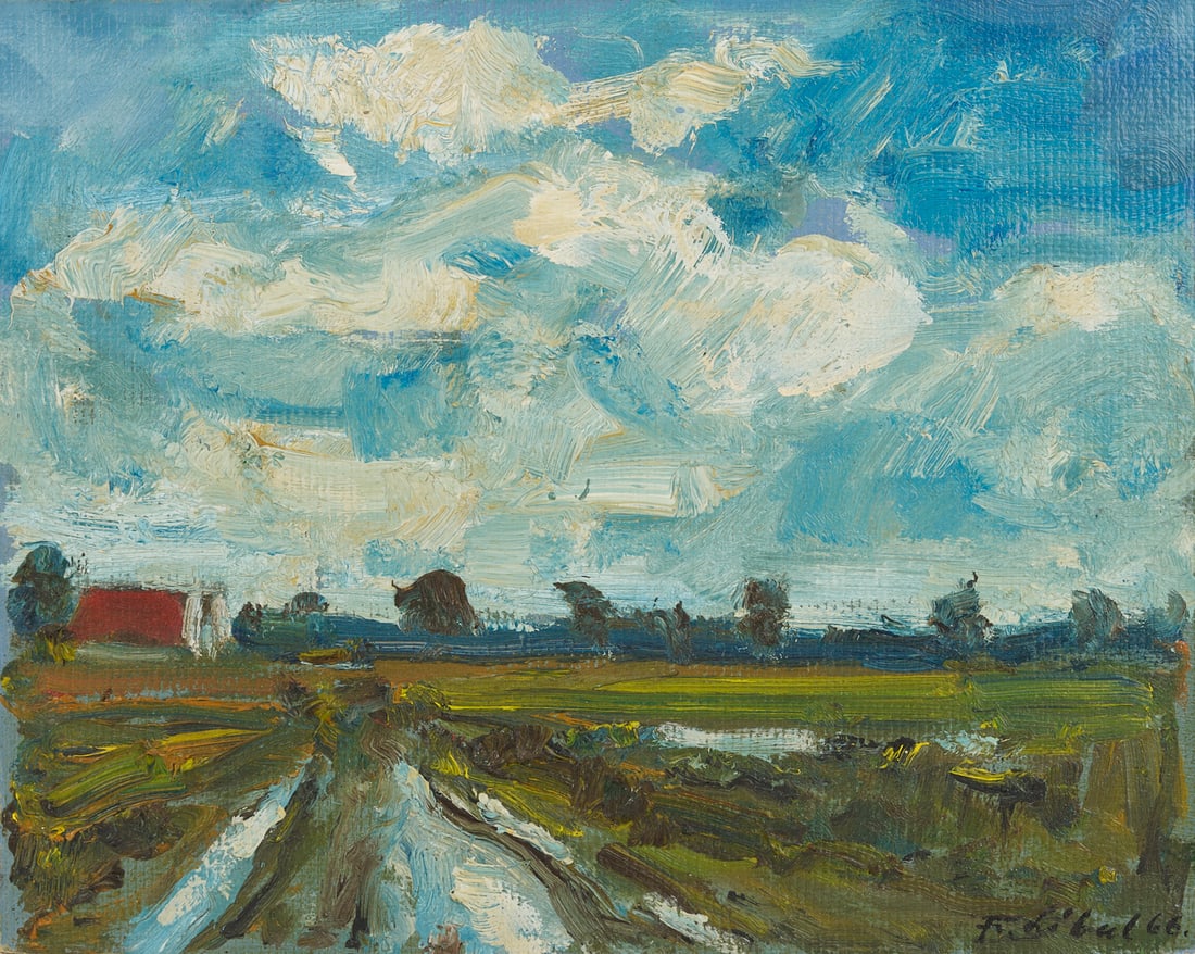 Frantisek Libal O/B landscape, On Wet Meadows: Frantisek Libal (Czech Republic, 1896-1974) impressionist oil on canvasboard landscape titled Na Mokrych Lukach (On Wet Meadows), depicting a road leading through a field with barn in the distanc