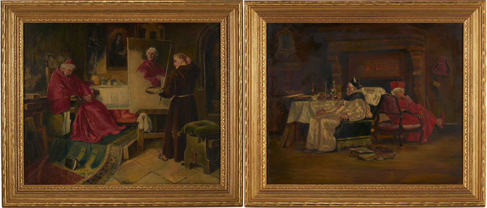 2 Satirical Religious Paintings After J. Georges Vibert and Toby Rosenthal: Two satirical religious paintings depicting Catholic cardinals. 1st item: Oil on canvas painting after Toby Edward Rosenthal's (American/German, 1848-1917) 1896 painting "Sleeping Cardinal&qu