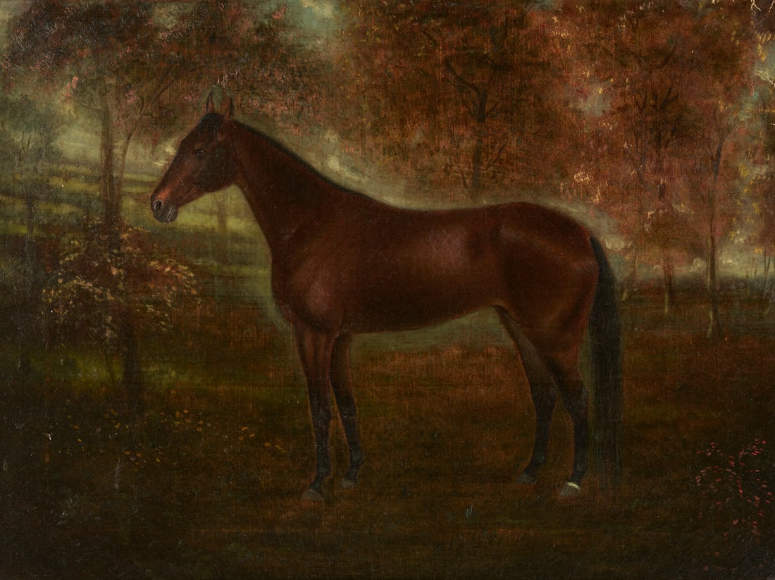 19th Century Folk Art O/C Portrait of a Horse, Likely Southern: American school, likely Southern, 19th-century folk art oil on canvas portrait of a horse standing in a landscape setting. Unsigned. Found in East Tennessee. Victorian walnut molded frame with parcel