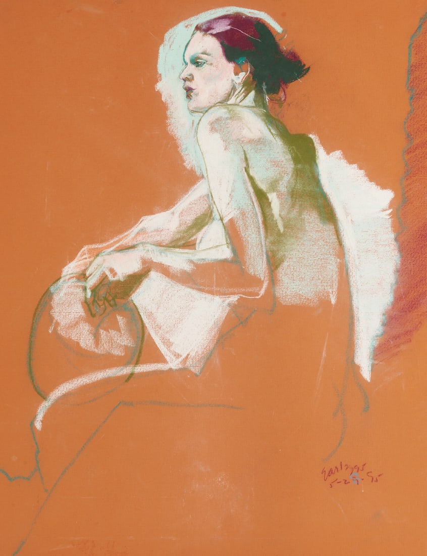 Donald Earley Pastel Drawing, Seated Woman: Donald Earley (Tennessee/Virginia, b. 1941) pastel on orange paper drawing of a seated woman shown in profile as she turns to face the viewer's the left, 1995. Rendered in olive, maroon, and