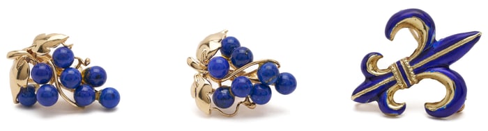 14K Gold & Lapis Cluster Earrings and Fleur de Lis Enameled Brooch