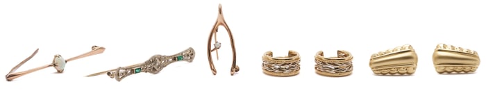 3 Gold Brooches & 2 Gold Earring Pairs