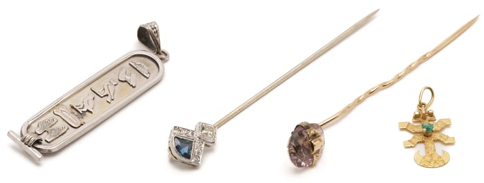 18K Gold Hieroglyphics Pendant & 3 Antique Jewelry Pieces