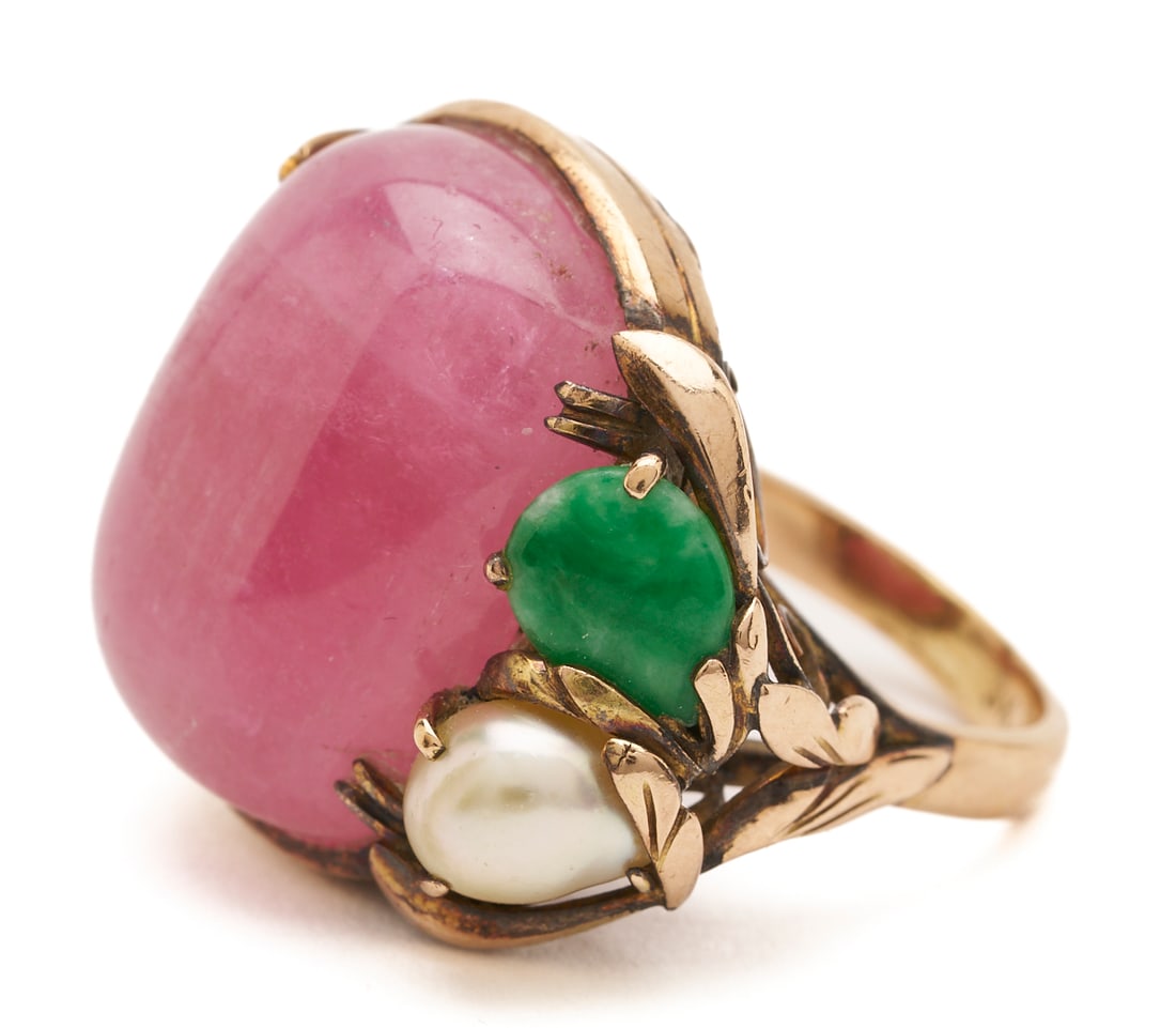 14K Gold & Gemstone Ring: Ladies' 14K yellow gold ring featuring one (1) rose quartz, one (1) jadeite jade, and one (1) cultured pearl. The ring is marked "14K" and XRF tests 14K gold. The ring is size 7 1/2 and has a gross we