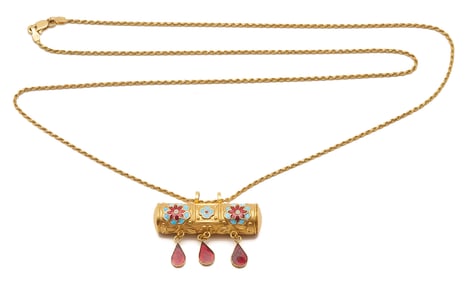 14K Gold Rope Chain Necklace with Gold & Enamel Pendant