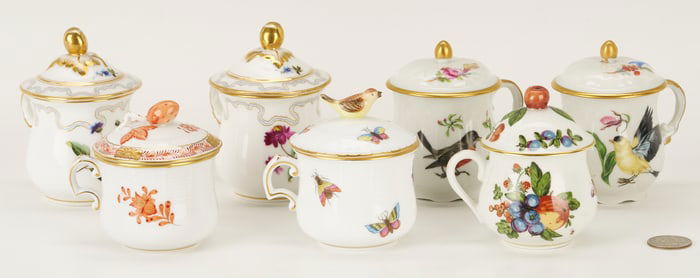 7 Assorted Porcelain Pots Du Creme, incl. Herend