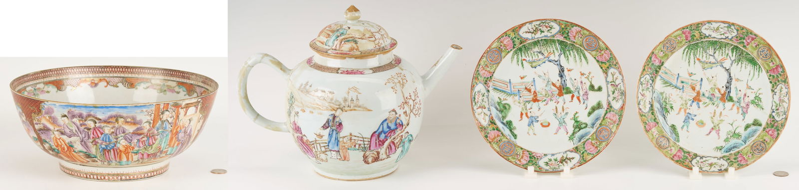 Chinese Export Porcelain Punch Bowl, Teapot and 2 Plates: 1st item: Qianlong Chinese Export Porcelain Punch Bowl, Rose Mandarin Palette, the interior with hand painted central reserve featuring figures in a landscape setting with bat, butterfly and diap