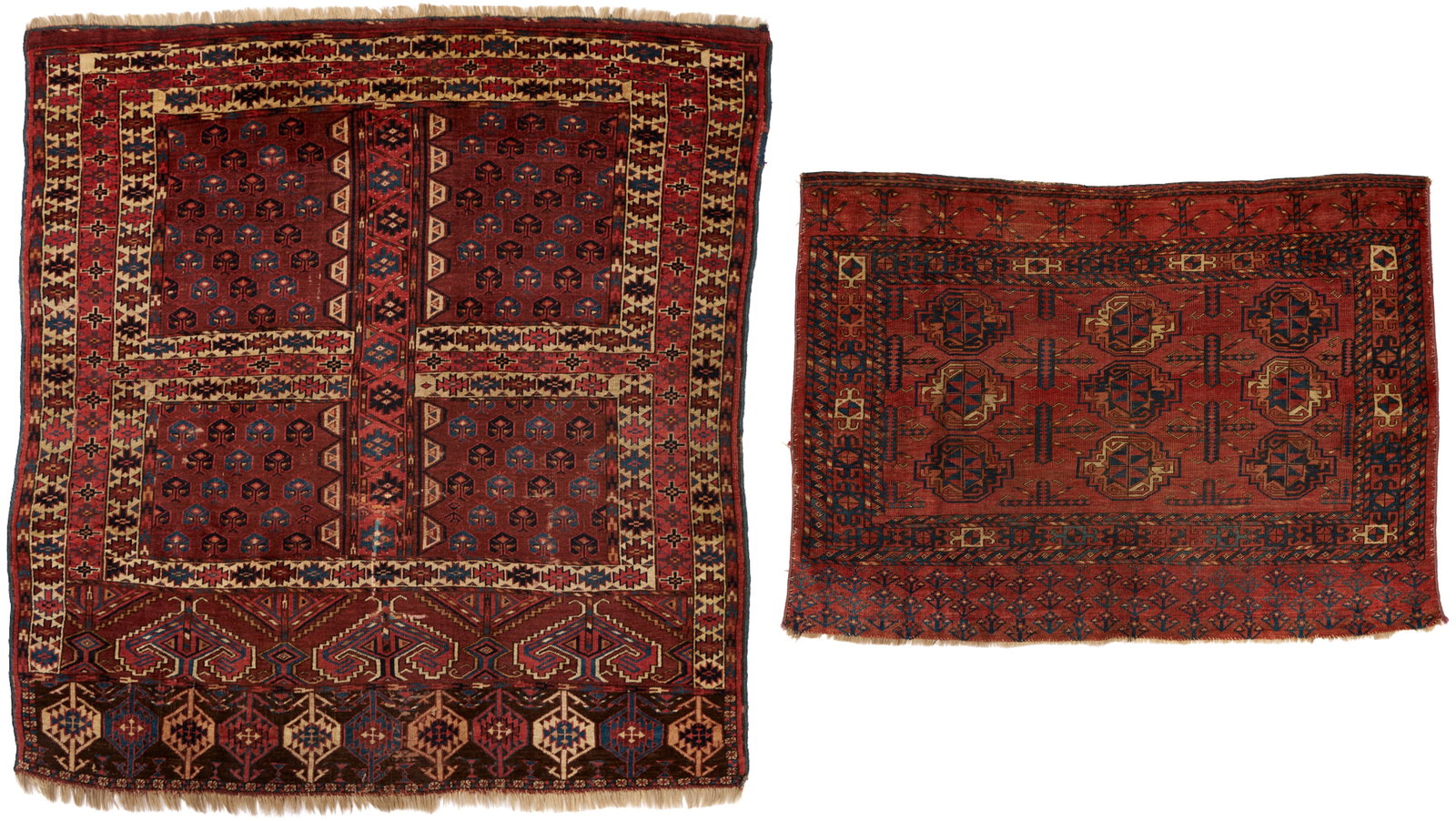 2 Antique Yomud Turkmen Tribal Rugs, Chuval & Ensi: 1st item: Antique Yomud or Yomut Turkmen Ensi tribal rug, wool on wool, central cruciform design with four panels having foliate designs, within three primary borders, wide elem panels to one end