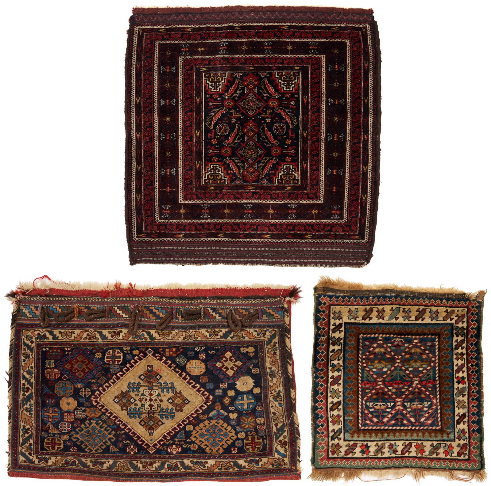 3 Tribal Bag or Bagface Weavings, Qashqai, Baluch, & Kurdish