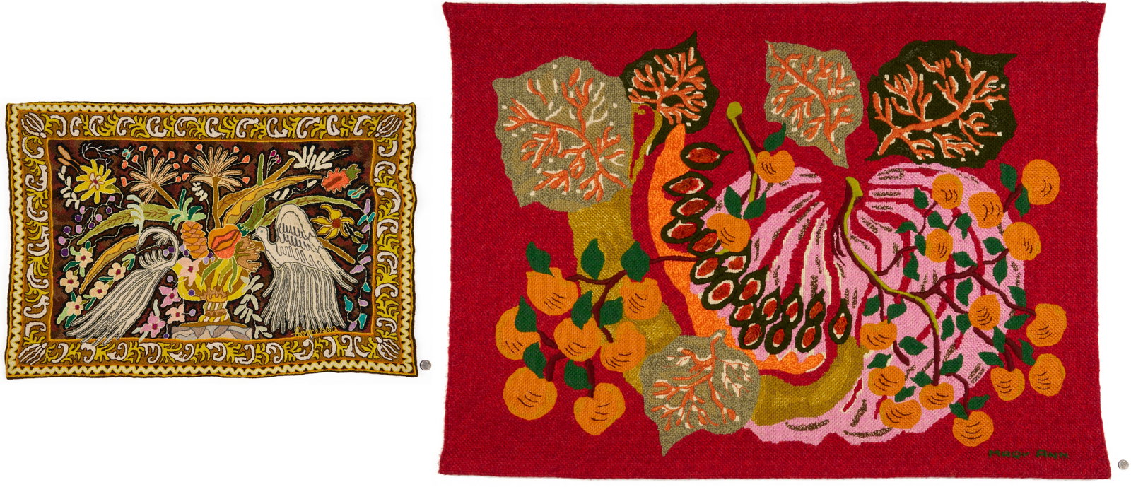 2 Brazilian Tapestries: Concessa Colaco and Mary Ann Pedrusa: 1st item: Concessa Colaco (Brazil/Portugal, b. 1929) loom woven tapestry depicting a flowering urn and two exotic birds, within a decorative foliate border. Stitched signature, "Conces