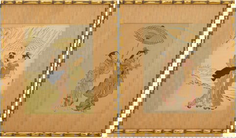 2 Japanese Bijin-ga Woodblock Prints After Harunobu & Toyonobu or Kiyomitsu