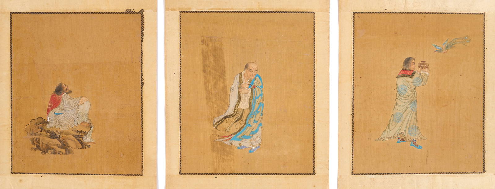 Three Chinese Figural Watercolor Paintings on Silk, 19th c.