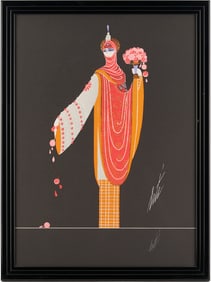 Erte Signed Art Deco Serigraph, Lady w/ Flowers