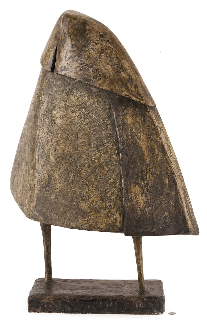 Style of Lynn Chadwick, Large Ceramic Sculpture: Large modernist abstract textured ceramic sculpture depicting an indeterminate figure, possibly hooded, supported on two leg-like supports and mounted to a rectangular base. Unsigned. 39 1/2 in.