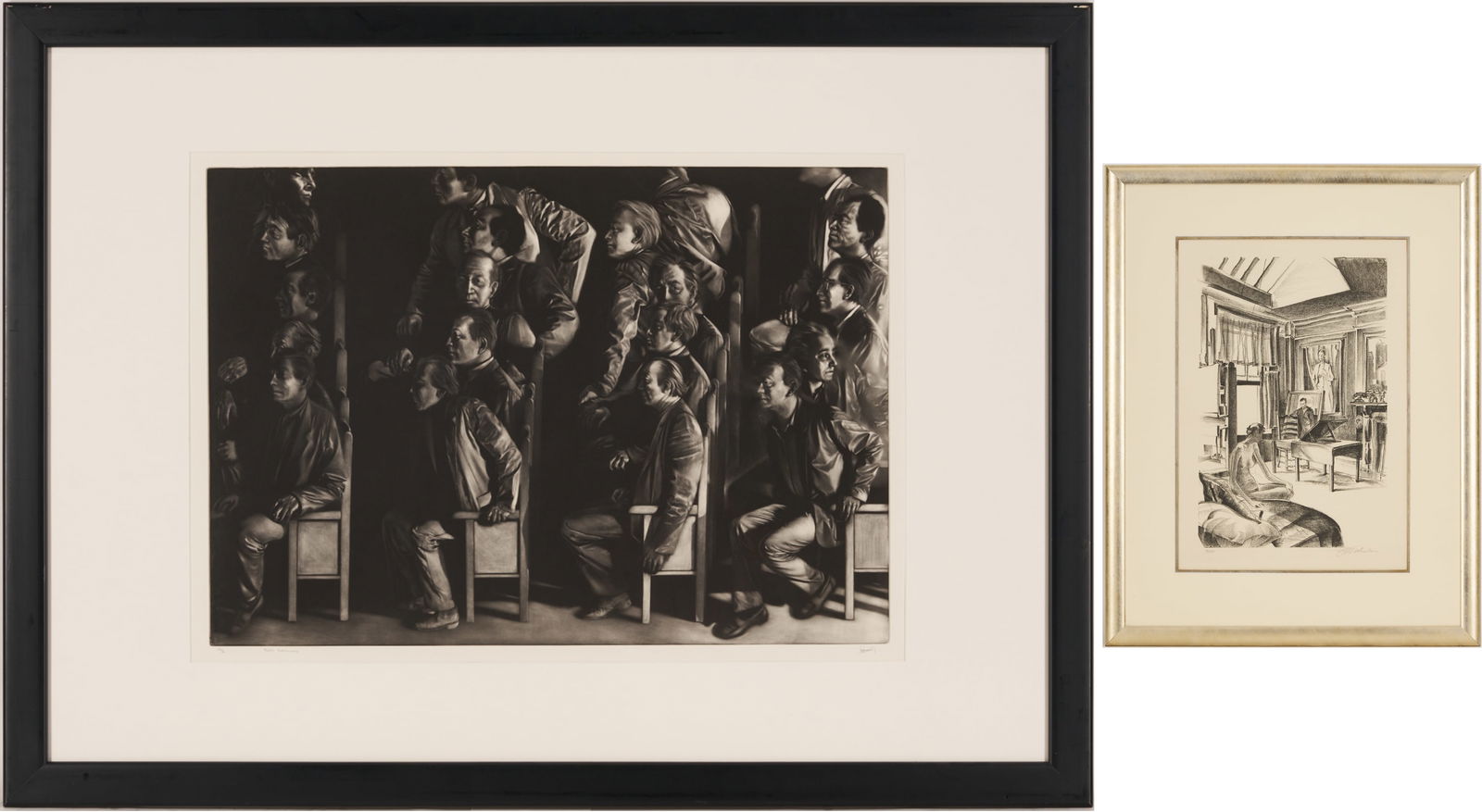 Maurice Pasterna & Joseph Golinkin, two 20th C. Figural Prints: Item 1: Maurice Pasternak (Belgium, b. 1946) mezzotint, "Profiles Horizontaux," 1985. Twenty figures seated in rows of five and shown primarily in profile hold various