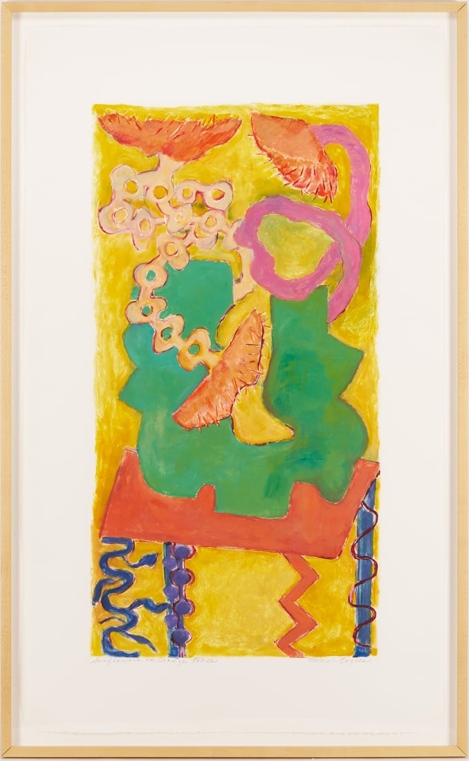 Kalani Engles Monotype, Sunflowers on an Orange Table: Kalani Engles (American, 20th/21st century) still life monotype titled "Sunflowers on Orange Table," 2001. Printed on BFK Rives paper, pencil titled lower left and signed lower right.