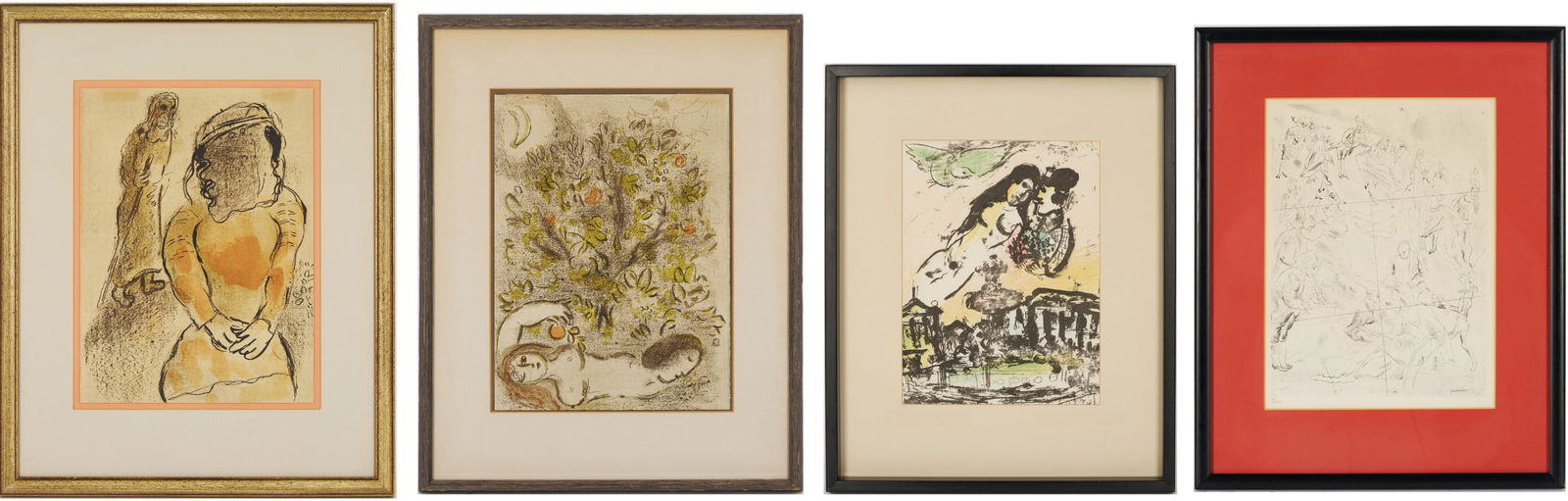 3 Chagall Framed Lithographs Plus Jules Pascin Etching, At the Ball: Items 1-2: Two (2) Marc Chagall (French/Russian, 1887-1985) lithographs, “Tamar, Daughter-in-Law of Judah” and "Paradise." Both from Drawings for the Bible, 1960, and