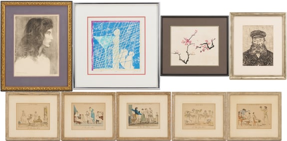 9 Framed Works on Paper: Soyer, Zucker, Cherry Blossoms, After Van Gogh, & Le Bon Genre