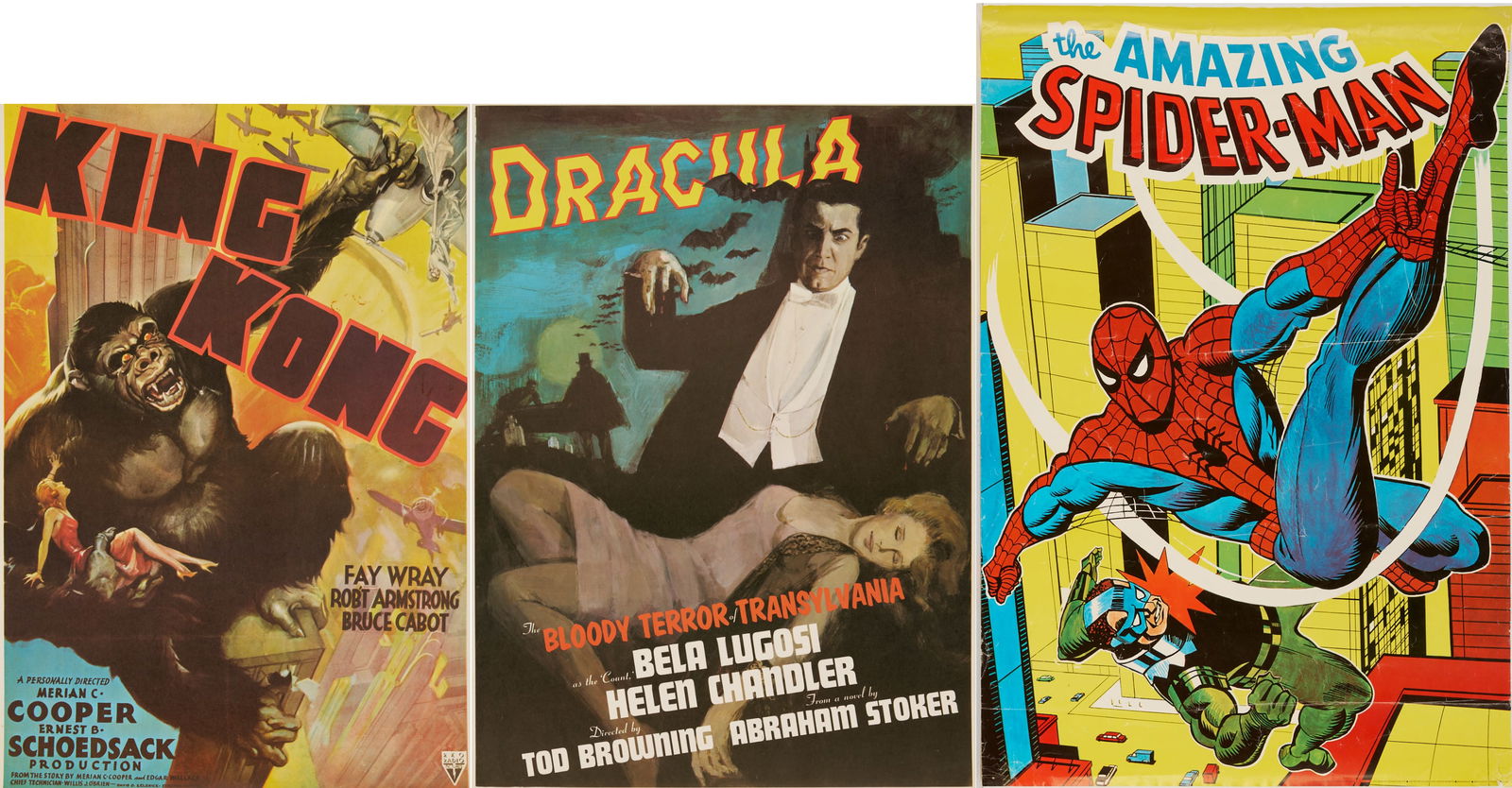3 Movie Posters, King Kong, Dracula & Amazing Spiderman: Three (3) horror or monster movie and superhero comic offset lithograph posters including King Kong and Dracula by Portal Productions, c. 1970s, after original 1931 and 1933 posters,