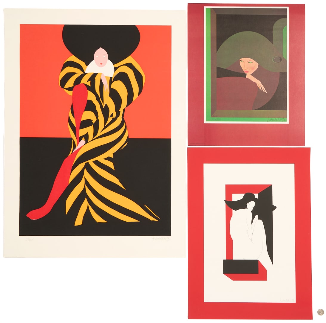 Three Amleto Dalla Costa Signed Prints: Three (3) Amleto Dalla Costa (Italian, b. 1929) signed Art Deco prints of women. Item 1: Large serigraph of a woman with red tights and a long orange and black-striped dress set against a black and