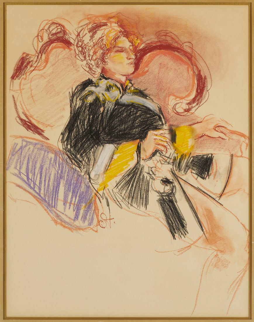 Pastel Drawing of a Seated Woman, Signed SH: Pastel on paper drawing, laid down to a cardstock backing, of a woman in a short, black dress or robe seated informally in an upholstered chair. Monogrammed SH below hip. Housed under glass in a