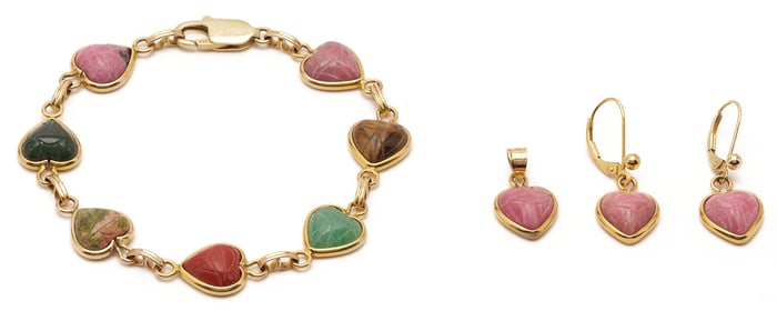 4 Matching Pieces - 14K Gold & Gemstone Bracelet, Pendant, & Earrings