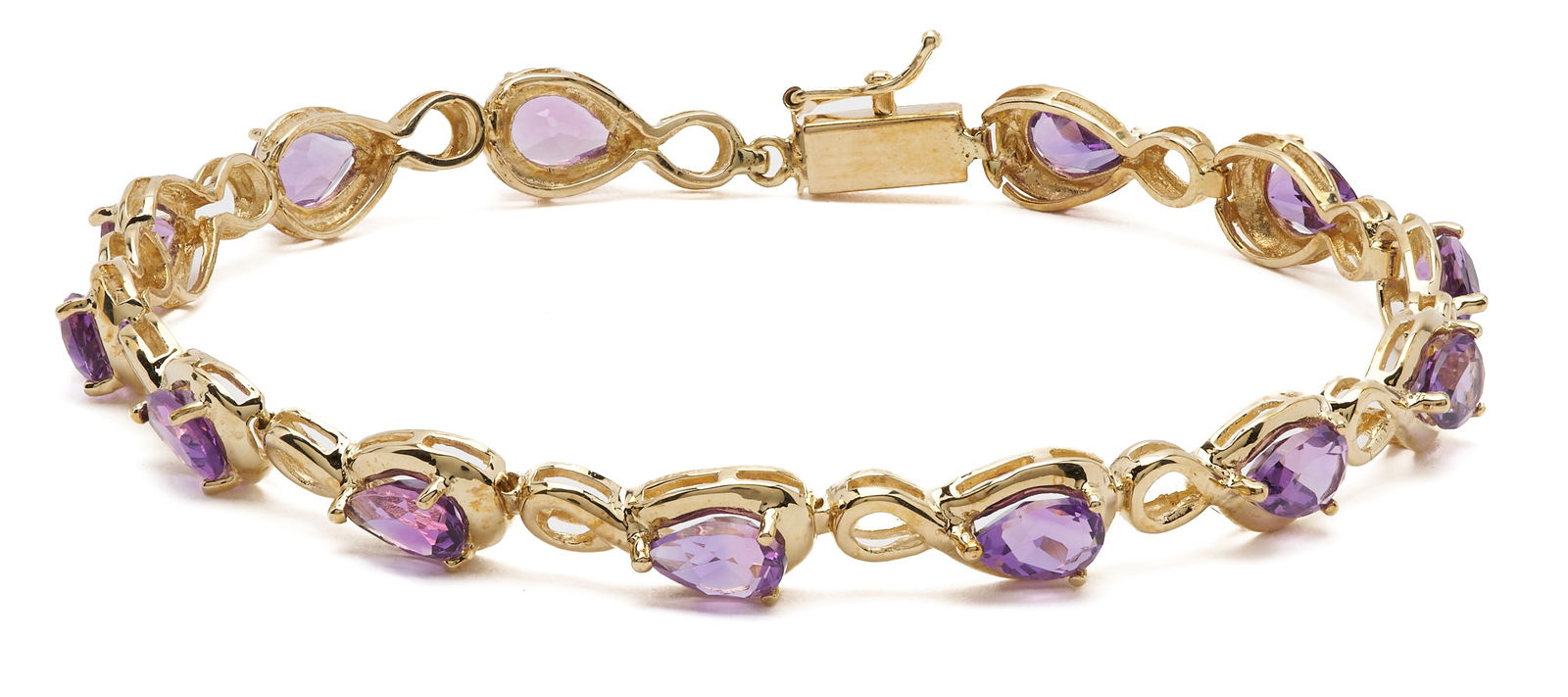 14K Gold & Amethyst Bracelet: Ladies' 14K yellow gold bracelet featuring thirteen (13) pear shaped amethyst. The bracelet is marked "14K" and XRF tests 14K gold. The bracelet is 7 in. L. and has a gross weight