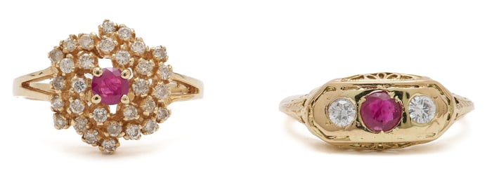 Two 14K Gold, Ruby, & Diamond Rings