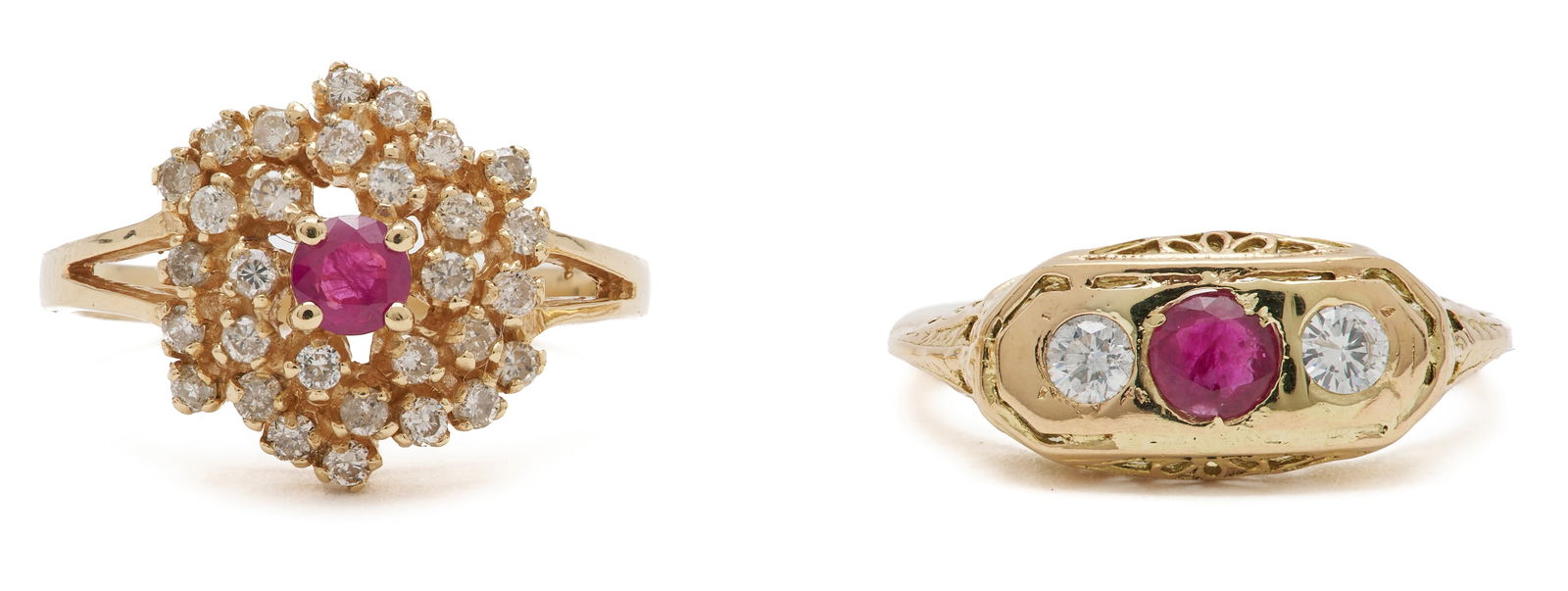 Two 14K Gold, Ruby, & Diamond Rings: 1st item: Ladies' 14K yellow gold ring featuring one (1) natural ruby accented by thirty (30) round brilliant cut diamonds approximately 0.90 carats together, Clarity-SI1, Color-J. The ring is