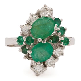 14K White Gold Emerald & Diamond Cluster Ring