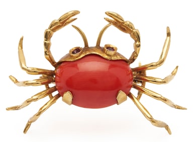 18K Gold & Coral Crab Brooch