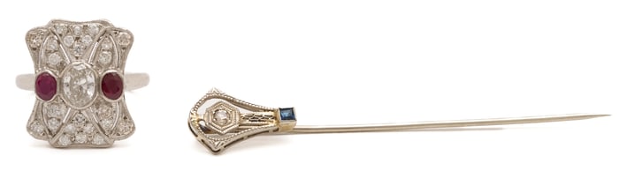 Platinum, Diamond, & Ruby Ring and 10K Gold, Diamond & Sapphire Pin