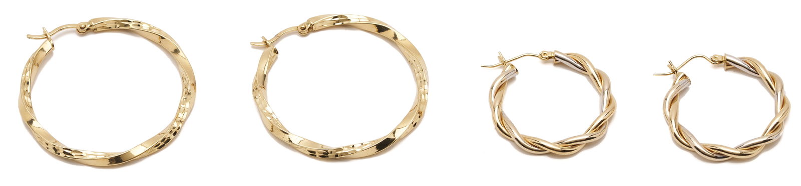 Two 14K Yellow Gold Hoop Earring Pairs: 1st item: Ladies' 14K yellow gold pierced back twisted hoop earrings. The earrings are marked "14K" and XRF test 14K gold. The earrings are 1 1/2 in. and have a gross weight of 5.62
