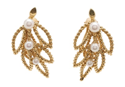 14K Gold & Pearl Leaf Earrings