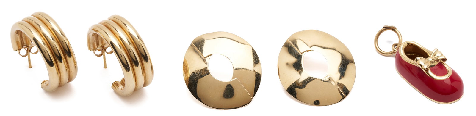 2 Prs. 14K Earrings & 14K Enameled Shoe Pendant: 1st item: Ladies' 14K yellow gold pierced back earrings. The earrings are marked "14K" and XRF test 14K gold. The earrings are 5/8 in. and have a gross weight of 4.97 grams. 2nd item: