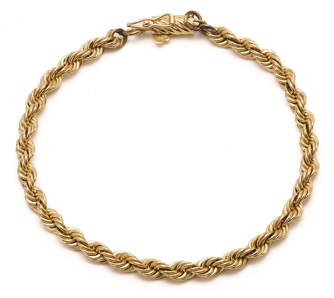 14K Gold Rope Chain Bracelet: Ladies 14K yellow gold 4mm rope chain bracelet. The bracelet is marked "14K" and XRF tests 14K gold. The bracelet is 7 in. L. and has a weight of 9.49 grams.Additional high-resolution