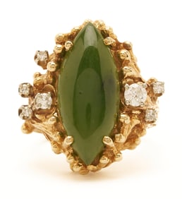 14K Gold, Jade & Diamond Ring