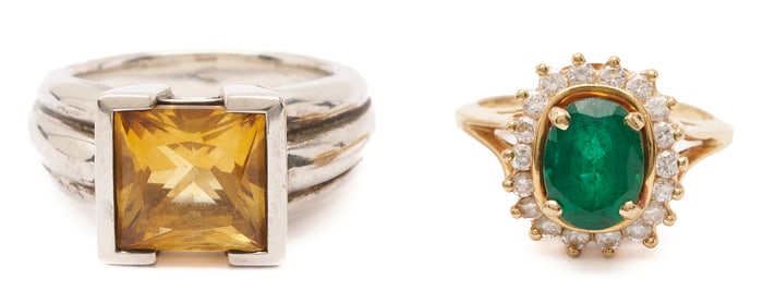 2 Rings: 14K Gold & Oval Emerald Ring and Sterling Silver & Square Citrine Ring