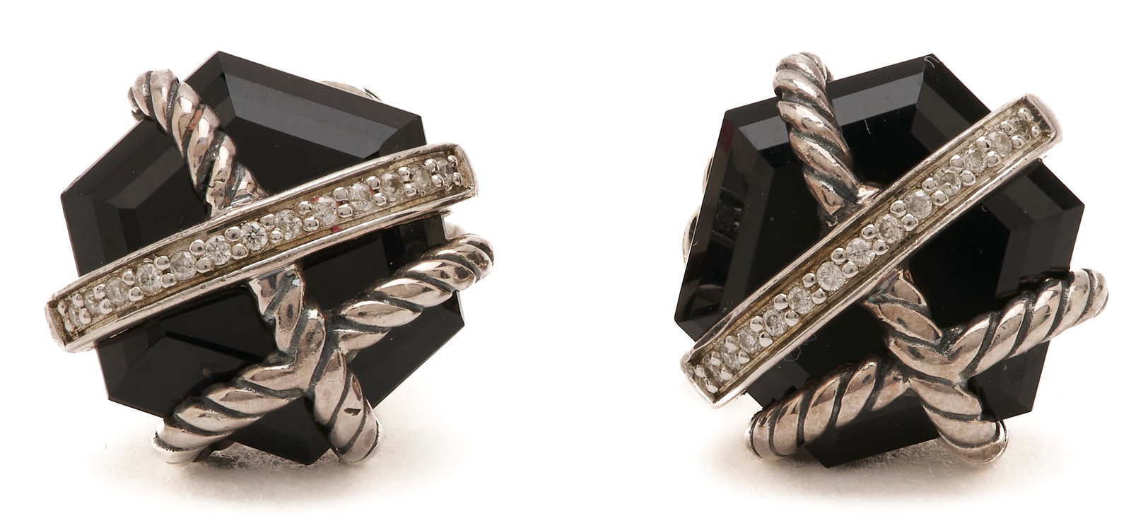 David Yurman Cable Wrap Stud Earrings: David Yurman Cable Wrap stud earrings featuring black onyx stones with sterling cable and diamond overlays. Signed DY.925 on the stud backs and earring backs. Approximately 10mm dia. Additional high-r