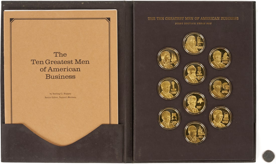 Franklin Mint Sterling Silver Men of Business Medals, 10 oz.: Ten (10) piece Franklin Mint American Business Leaders First Edition set, struck in sterling silver with 24K gold plating. Each coin weighs approximately 1.08 troy ounces and measures approximately 1