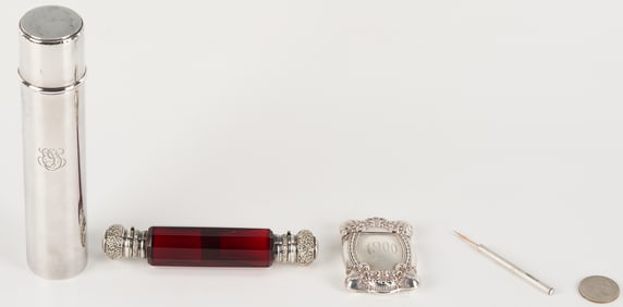 Antique Tiffany Sterling Cigar Tube, Perfume Flask, Match Safe, Pen holder