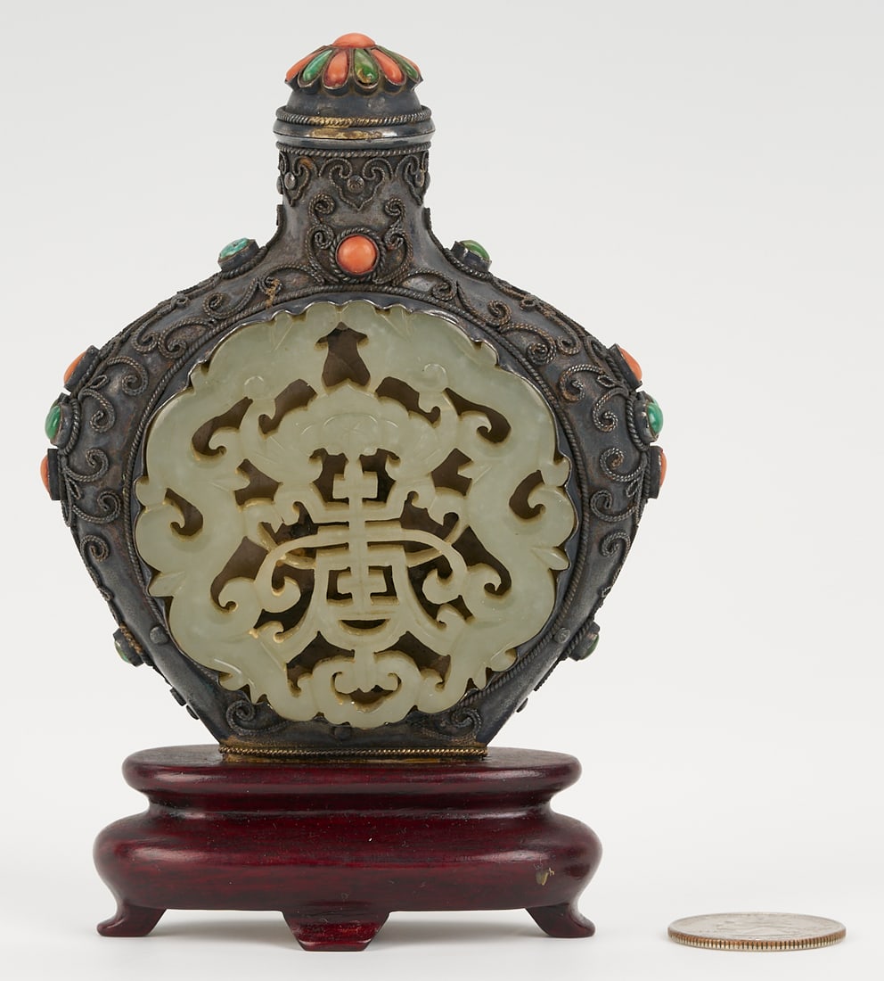 Asian Inlaid Silver Snuff Bottle w/ Jade Discs: Tibetan or Mongolian silver snuff bottle with a carved jadeite inlaid disc on each side and coral and turquoise cabochon stones to the body and lid. Silver body XRF tests sterling. Bottle me