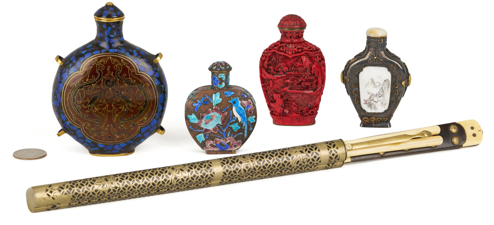 4 Chinese Snuff Bottles, incl. Cinnabar & Silver and Chinese Trousse (1 of 20)