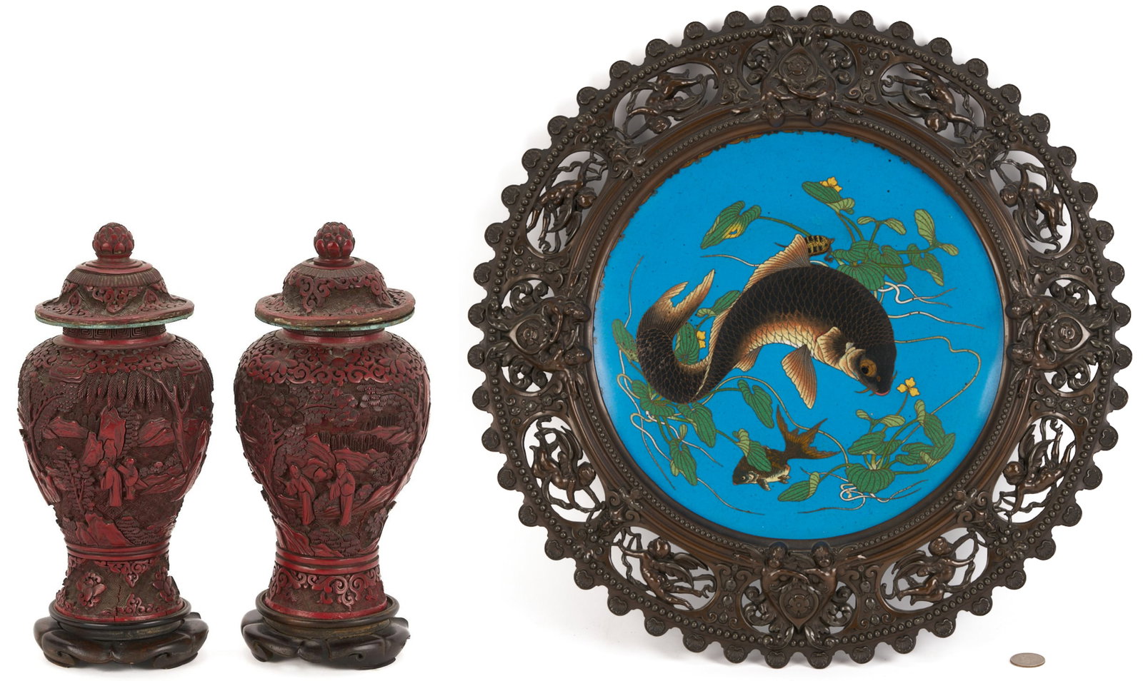 Near Pair Antique Chinese Cinnabar Urns and Cloisonne Fish Plaque: 1st - 2nd items: A near pair of Chinese carved cinnabar lacquer vases, over metal, each with detailed figural landscape decoration and floral motifs, including stylized scrolling lotus or taotie mask 