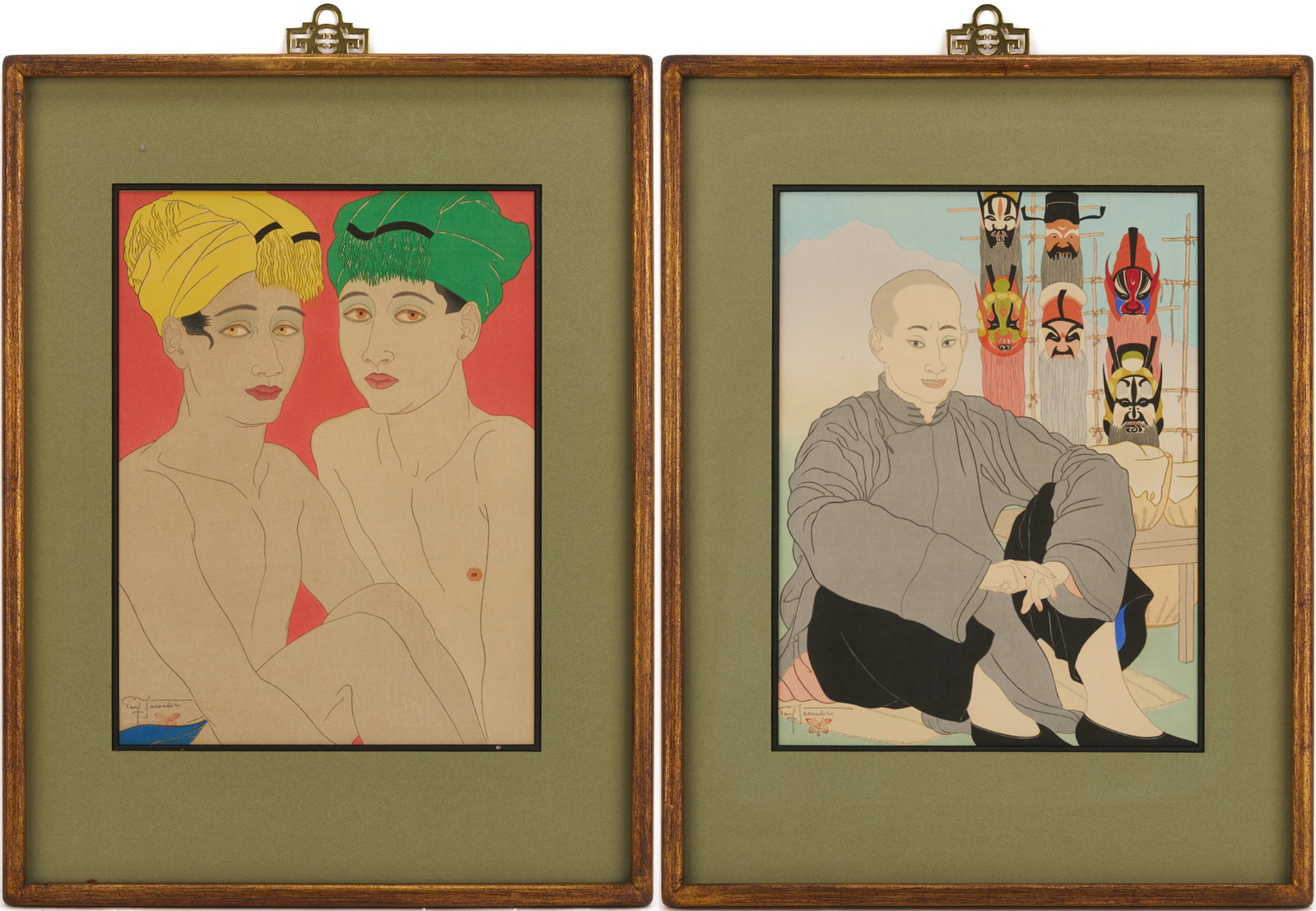 2 Paul Jacoulet Woodblock Prints, Enfants Des Yeus Jaunes & Vendeur De Masques Chinois (1 of 20)