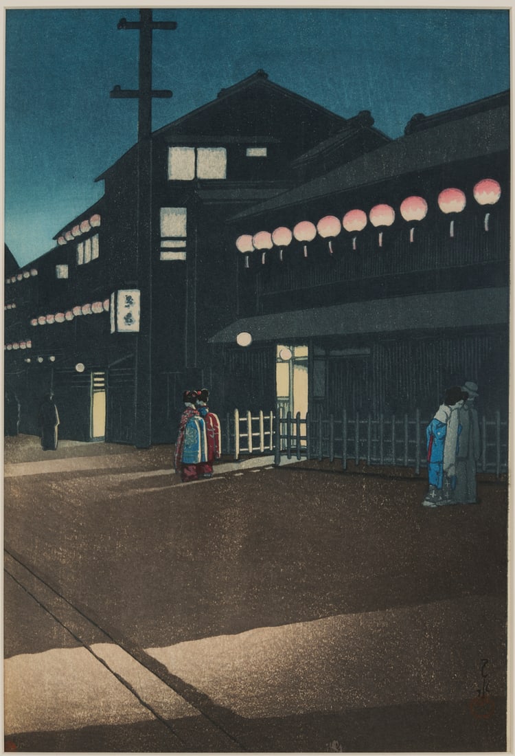 Hasui Japanese Woodblock Print: Evening at Soemon-cho in Osaka: Kawase Hasui (Japan, 1883-1957) vertical oban shin-hanga woodblock print, "Evening at Soemon-cho in Osaka," from the series "Collection of views of Japan II, Kansai Edition.&q
