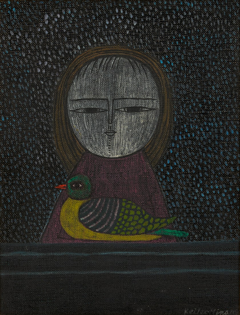 Keiko Minami O/C Painting, Girl with Bird: Keiko Minami (Japanese, 1911-2004) oil on canvas painting that depicts a girl shown from the waist up who looks directly toward the viewer and stands before a yellow and green bird. Blue and white dot
