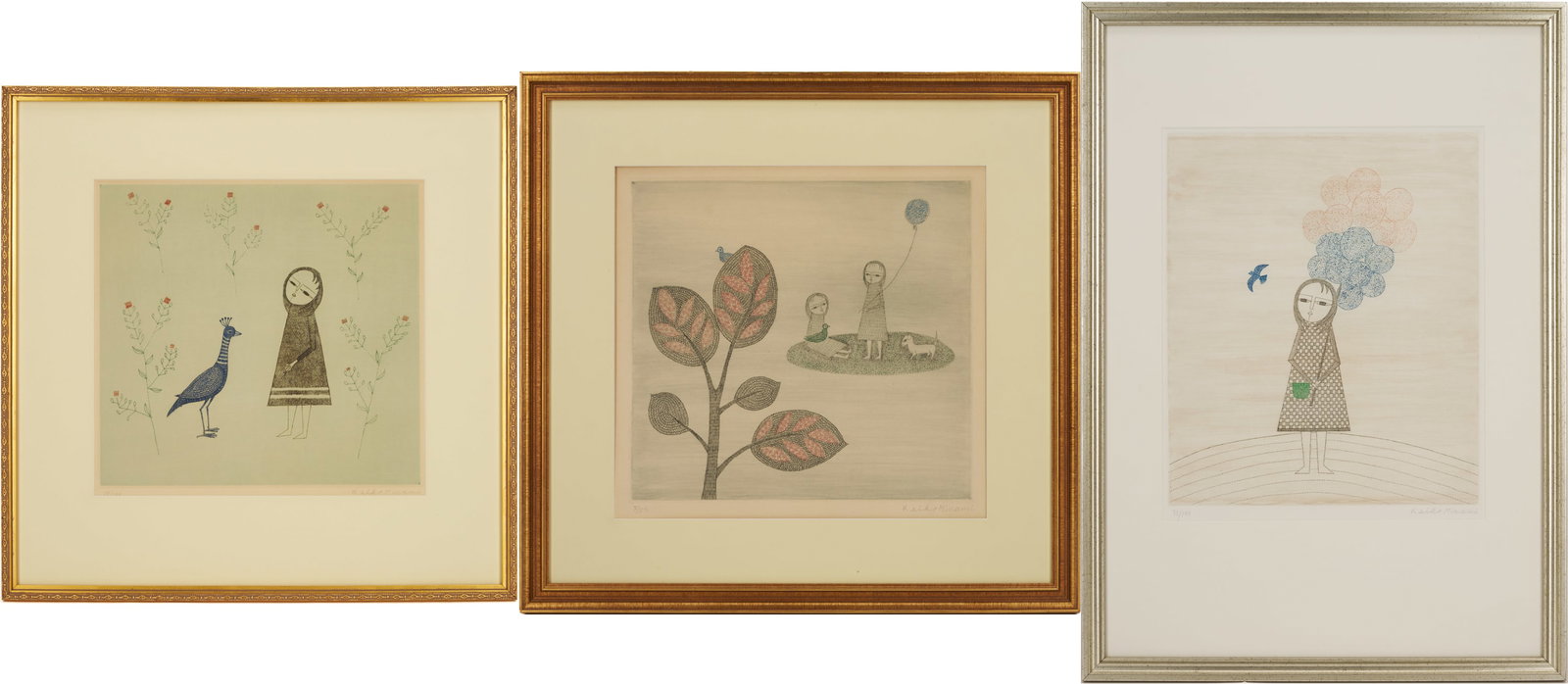 3 Keiko Minami Figural Aquatint Etchings: Three (3) Keiko Minami (Japan, 1911-2004) color aquatint etchings on wove paper. 1st item: Aquatint etching titled "Little Girl with a Bird" that depicts a girl in a black dress who sta