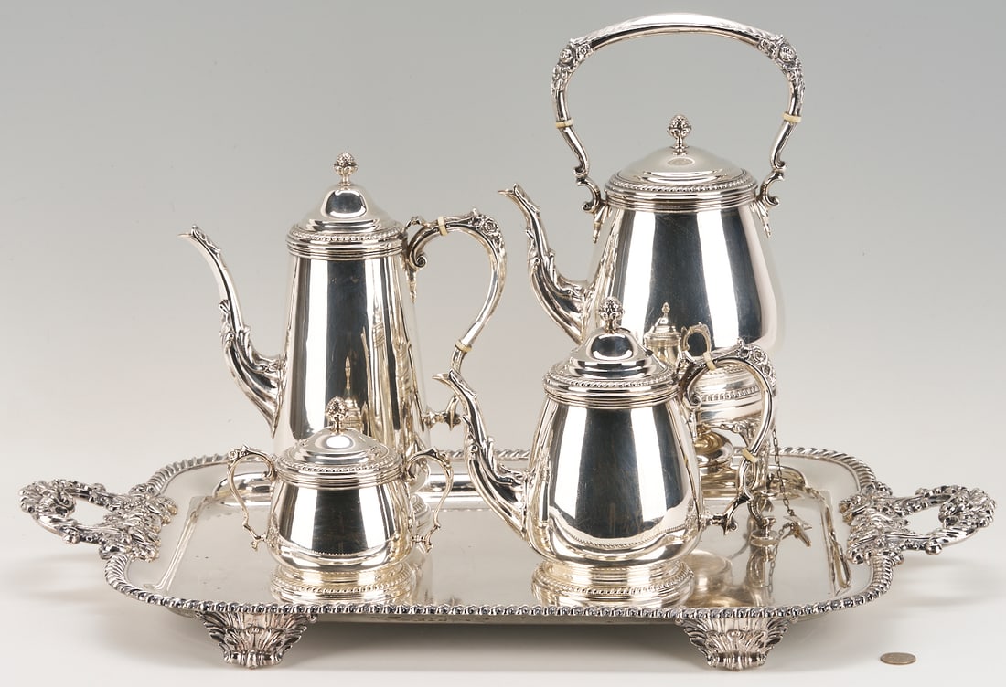Sterling Silver Tea Set with Kettle, 131 oz troy, plus tray (1 of 20)